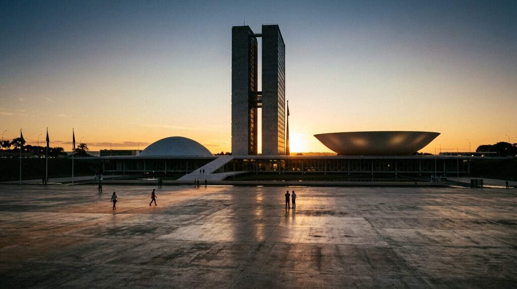 Congresso Nacional em Brasília ao entardecer, símbolo da transição para a Nova República após o regime militar