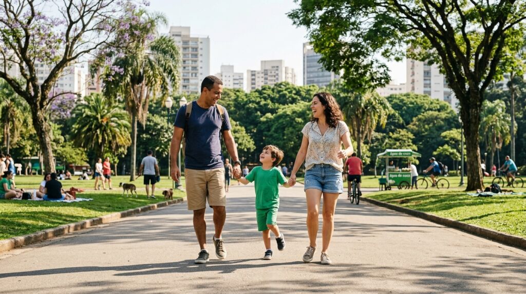 Família brasileira passeando em parque urbano durante o fim de semana