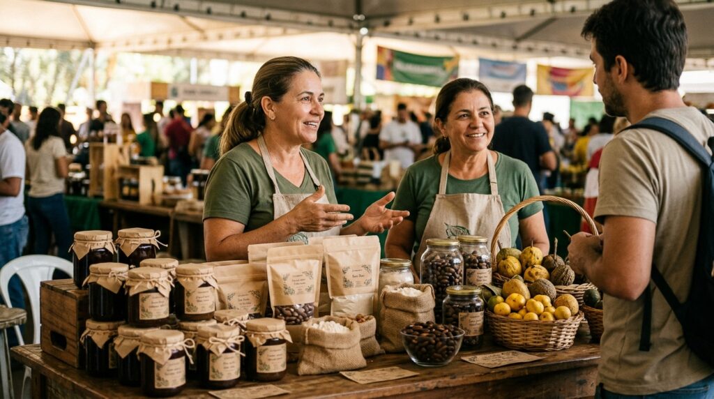 Produtoras de cooperativa agropecuária apresentam derivados do baru a visitante na FICCA Goiás 2026