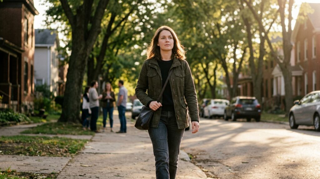 Mulher caminhando com confiança em uma rua arborizada ao pôr do sol, simbolizando a coragem de seguir o próprio caminho no crescimento pessoal