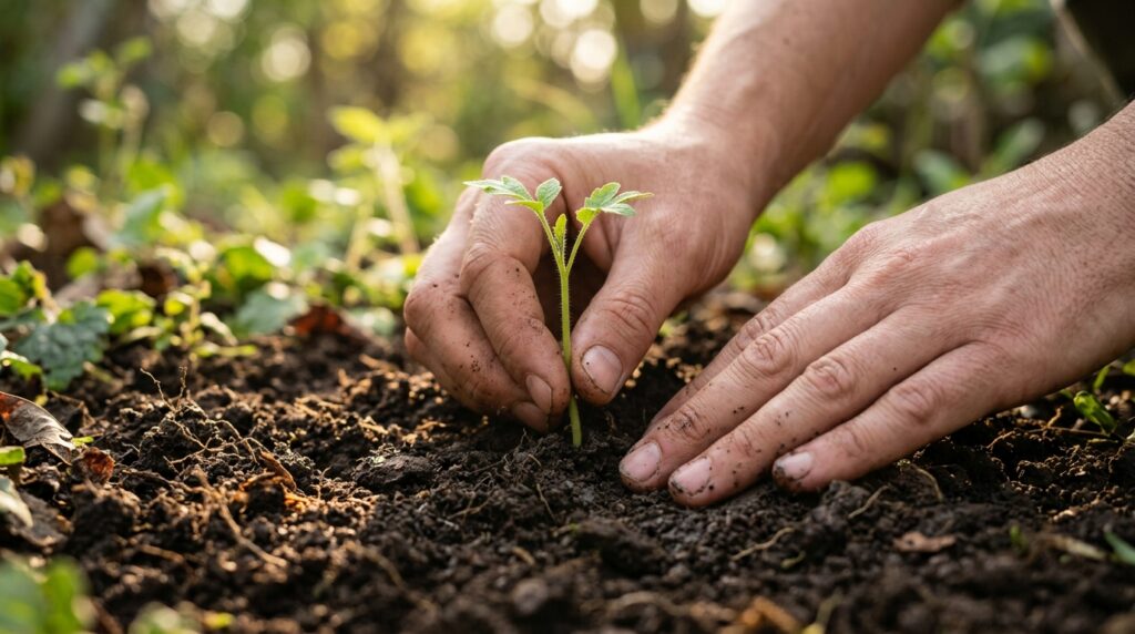 Mãos cuidadosas plantando pequena muda verde na terra adubada representando crescimento gradativo.