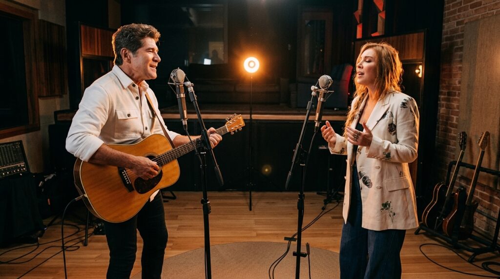 Daniel e Liah Soares cantando juntos no estúdio durante a gravação da música Nossa Senhora para o projeto Duas Vozes.