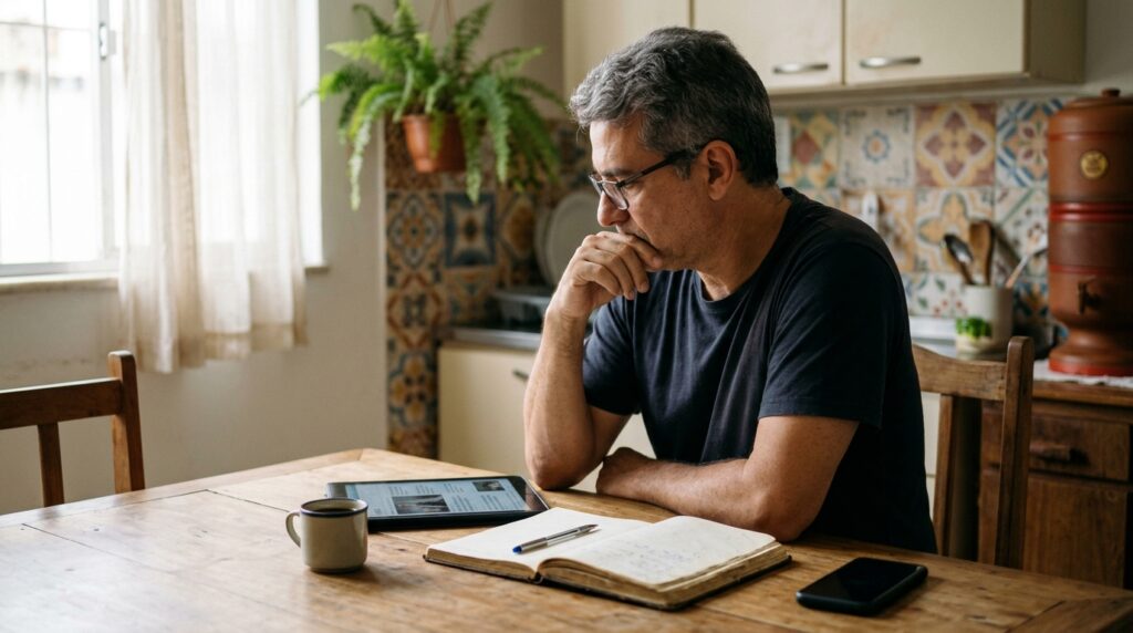 Eleitor lê notícias em um tablet na mesa da cozinha antes do segundo turno, buscando informação confiável sobre saúde pública