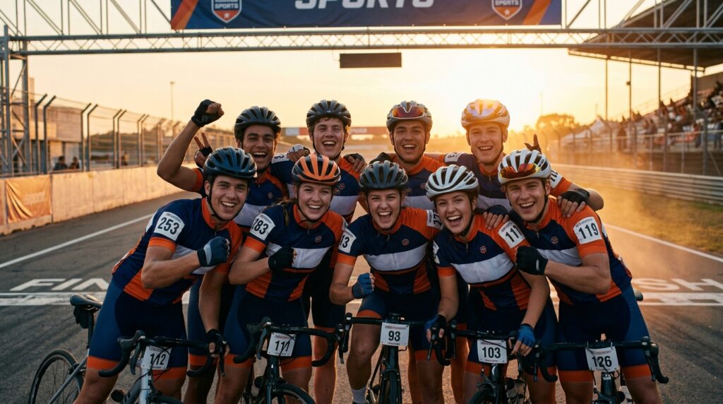 Grupo de jovens atletas de ciclismo reunidos após atividade de treino em equipe