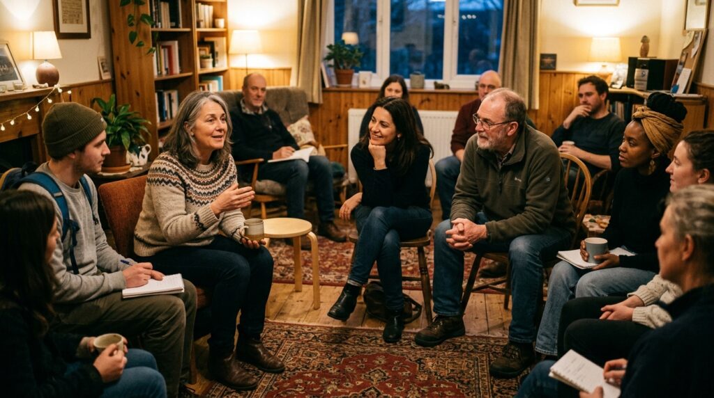Grupo de pessoas reunidas em círculo conversando e praticando a escuta ativa em ambiente acolhedor.