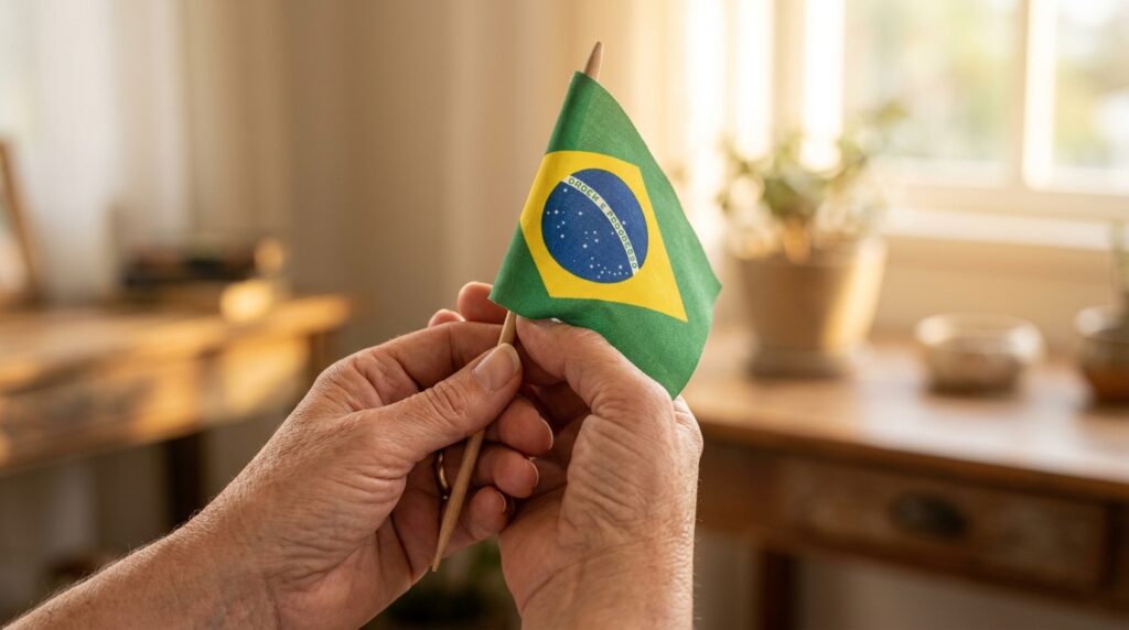 Mãos segurando a bandeira do Brasil sob a luz do sol simbolizando esperança e união