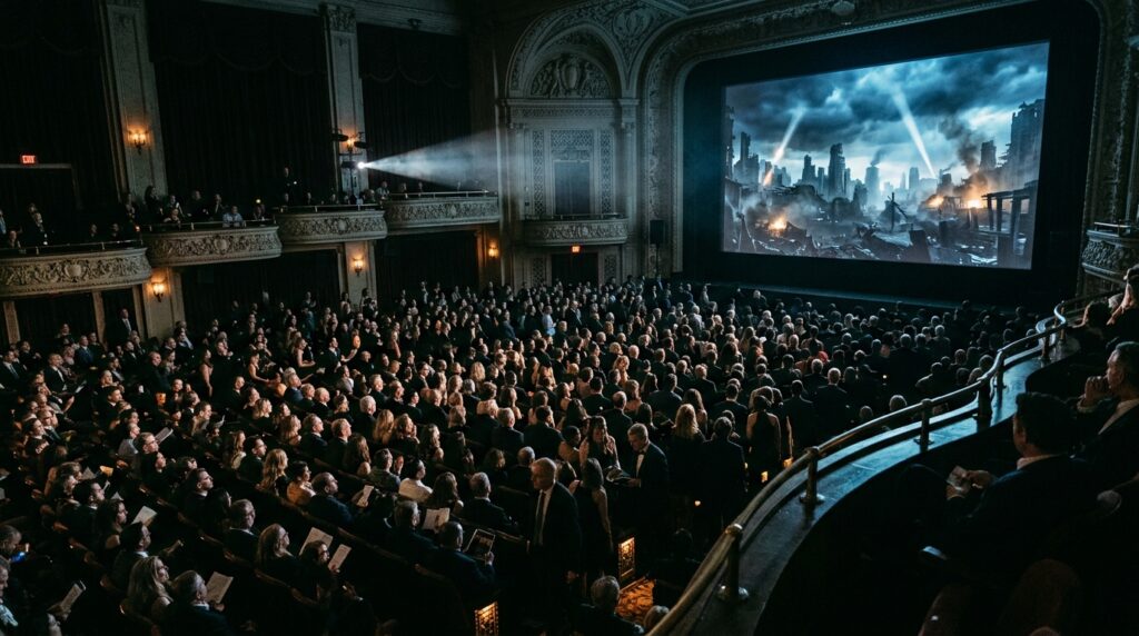 Sala de cinema com público aguardando a estreia do novo filme da saga Jogos Vorazes.