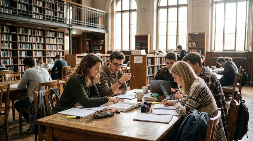 Jovens bolsistas estudam em biblioteca universitária, simbolizando o programa de bolsas da Fundação Vaticano João Paulo II