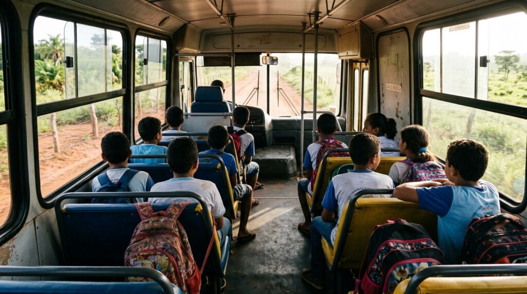 Estudantes da zona rural dentro de ônibus escolar durante trajeto por estrada de terra