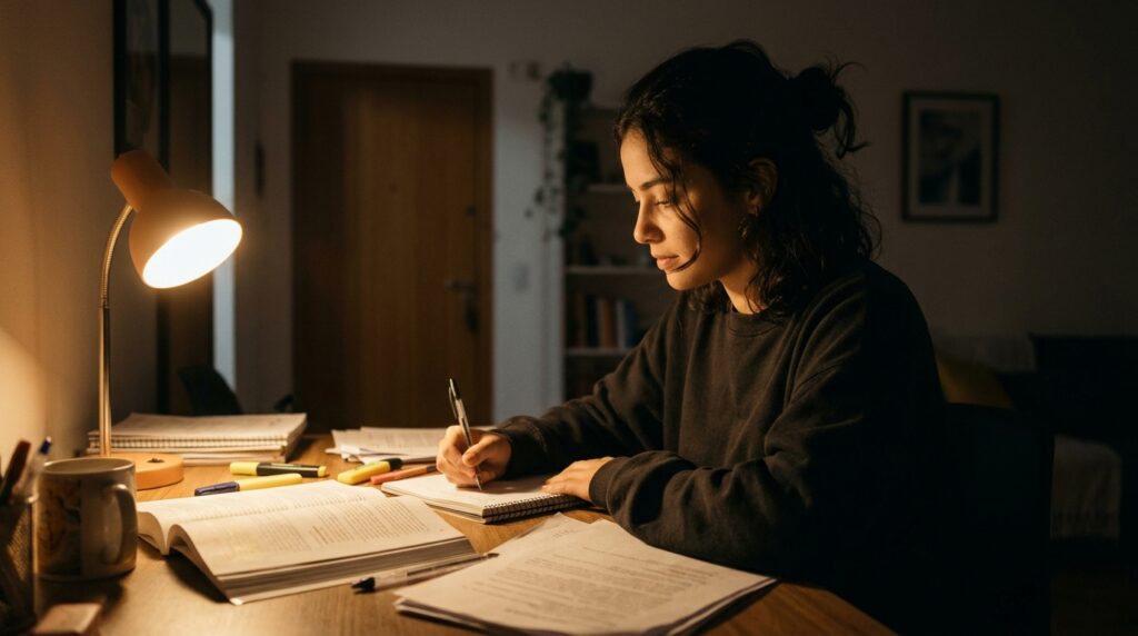 Mulher estudando sozinha à noite sob a luz de um abajur, simbolizando a disciplina silenciosa e a proteção dos planos contra opiniões alheias