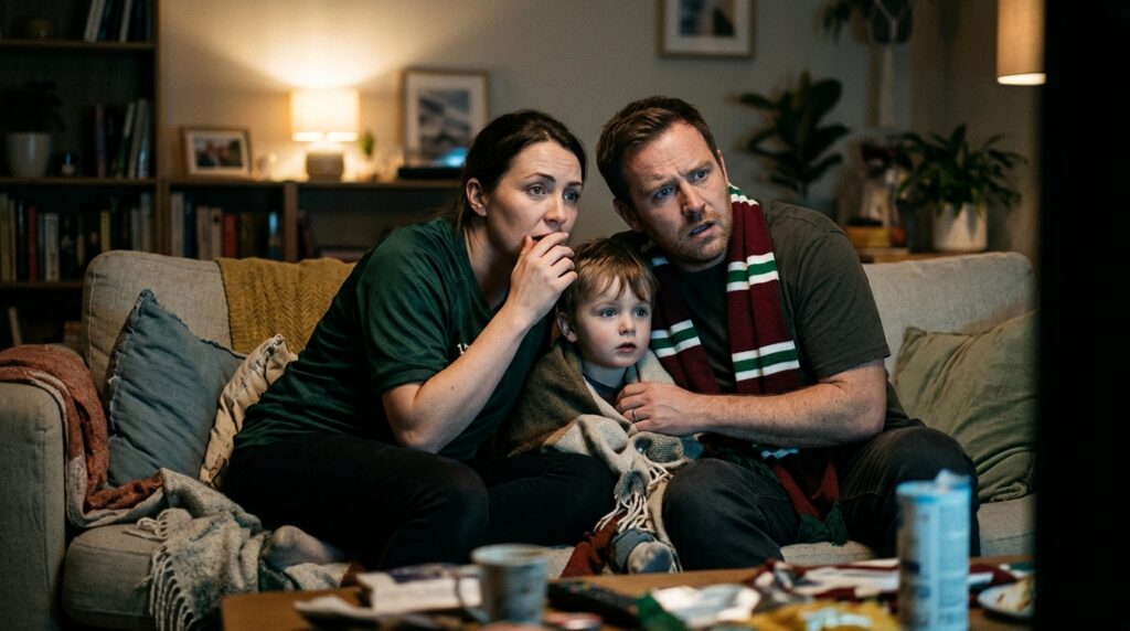 Família de torcedores acompanha pela televisão a semifinal da Libertadores entre Palmeiras e Fluminense