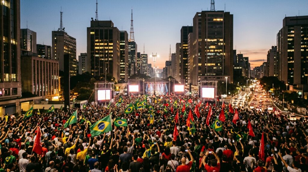 Multidão de apoiadores com bandeiras do Brasil na Avenida Paulista, em São Paulo, na noite da reeleição de Lula no segundo turno de 2026