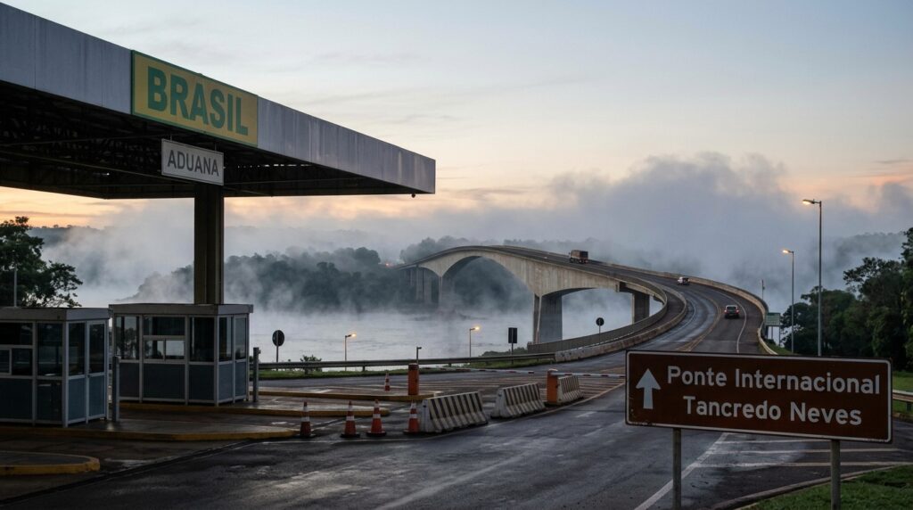 Ponte na fronteira entre Brasil e Argentina ao amanhecer, local de checagem da Polícia Federal sobre a possível saída de Flávio Bolsonaro do país