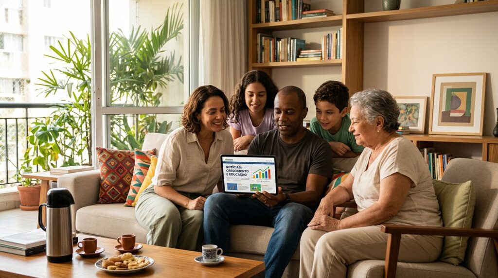 Família brasileira reunida na sala acompanhando notícias sobre o desenvolvimento do país em um tablet.