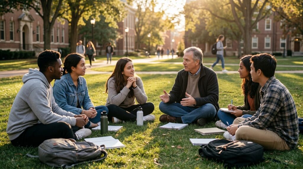 Grupo de jovens universitários conversa com um orientador no campus, representando o diálogo entre fé e razão na pastoral universitária