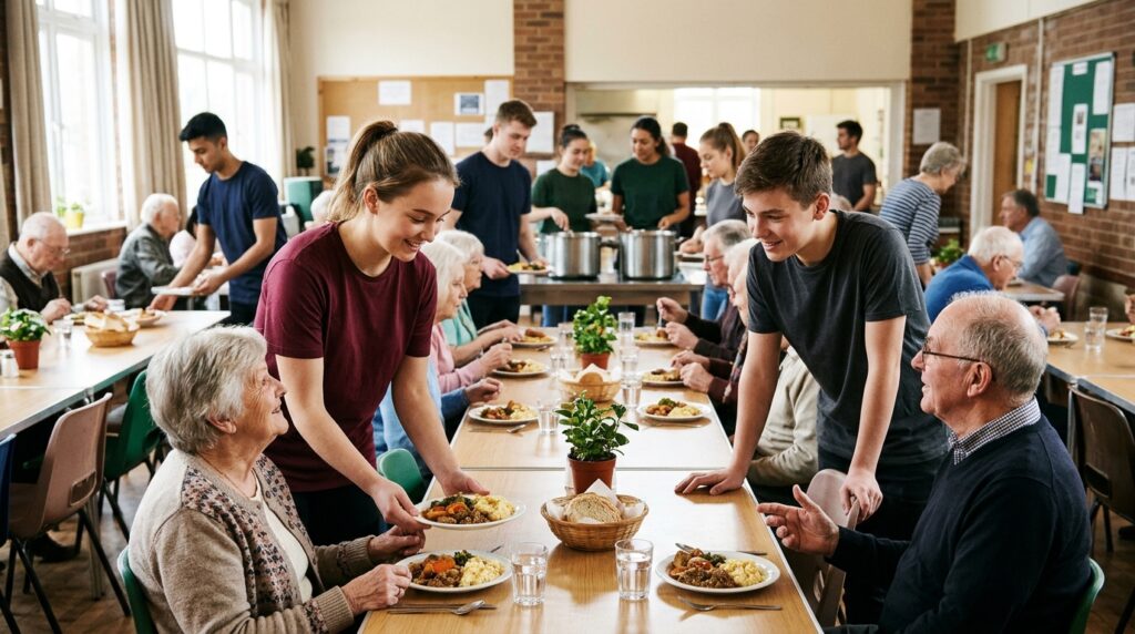 Jovens voluntários servem refeições e conversam com idosos em uma cozinha comunitária, exemplo de serviço aos pobres e formação do coração