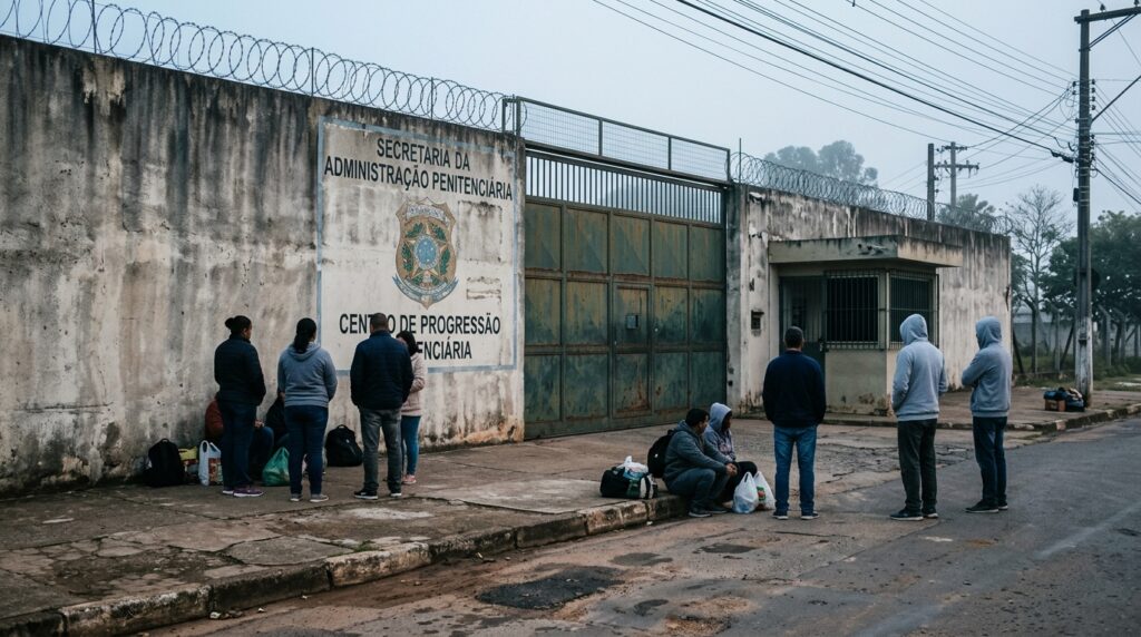 Portão de unidade prisional com familiares de costas aguardando na calçada, ilustrando o debate sobre a Lei das Saidinhas