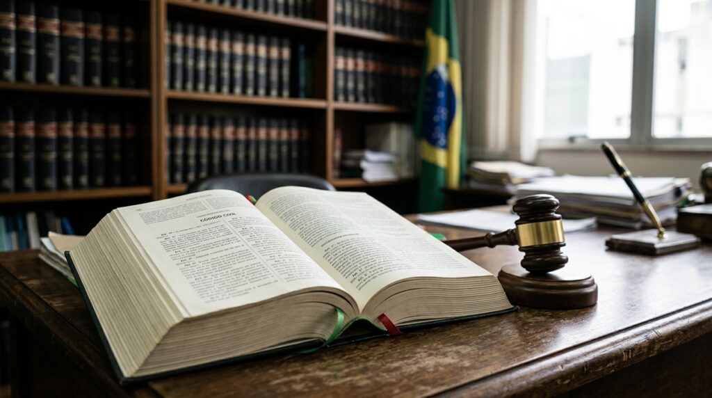Livro de legislação aberto sobre mesa de madeira com martelo de juiz ao lado, representando a Lei de Execução Penal criada em 1984