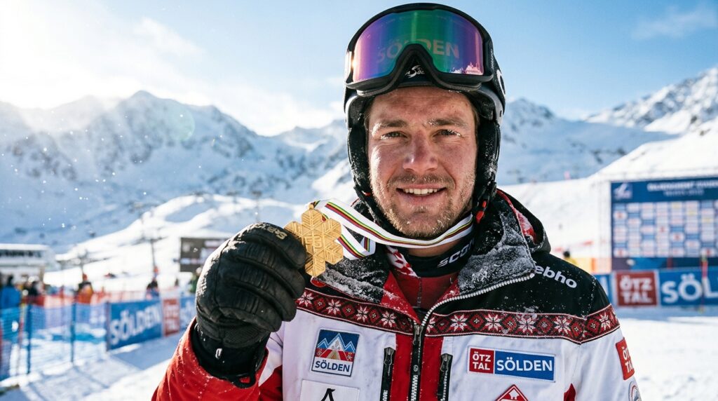 Esquiador brasileiro Lucas Pinheiro Braathen sorri no pódio ao comemorar medalha de ouro na Áustria
