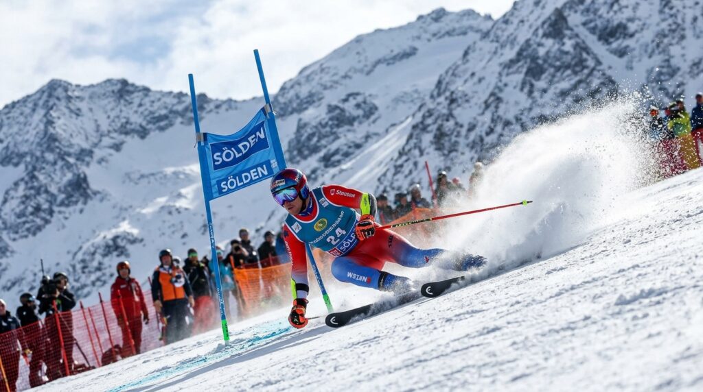 Lucas Pinheiro Braathen faz curva técnica na neve durante a prova de slalom gigante em Sölden na Áustria