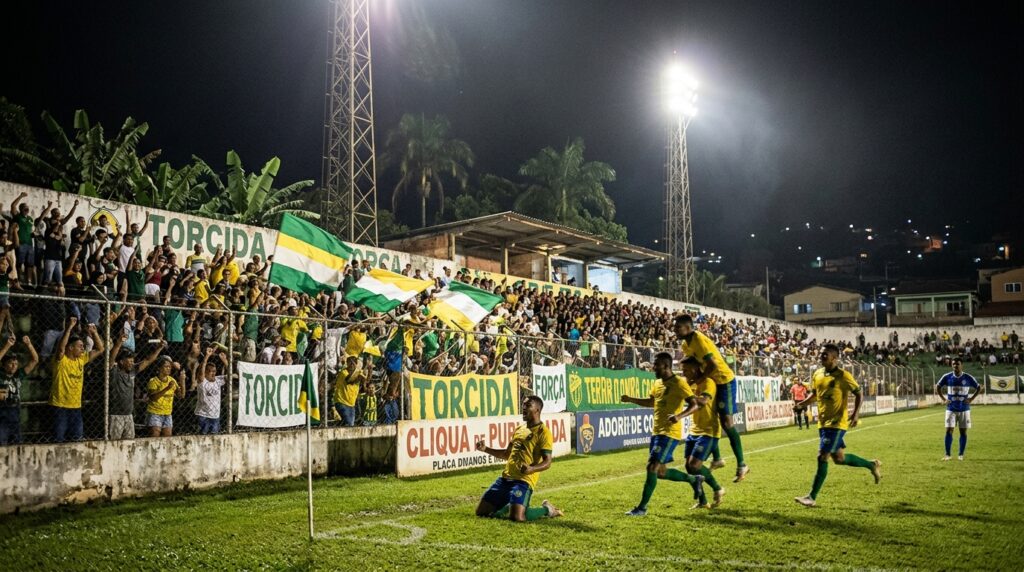 Jogadores do Mirassol comemoram vitória sobre o Internacional no estádio Maião pelo Campeonato Brasileiro