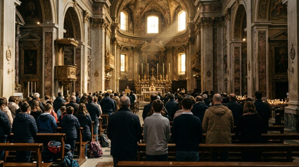 Fiéis participam de missa em igreja de Roma nas celebrações dos 45 anos da Fundação Vaticano João Paulo II