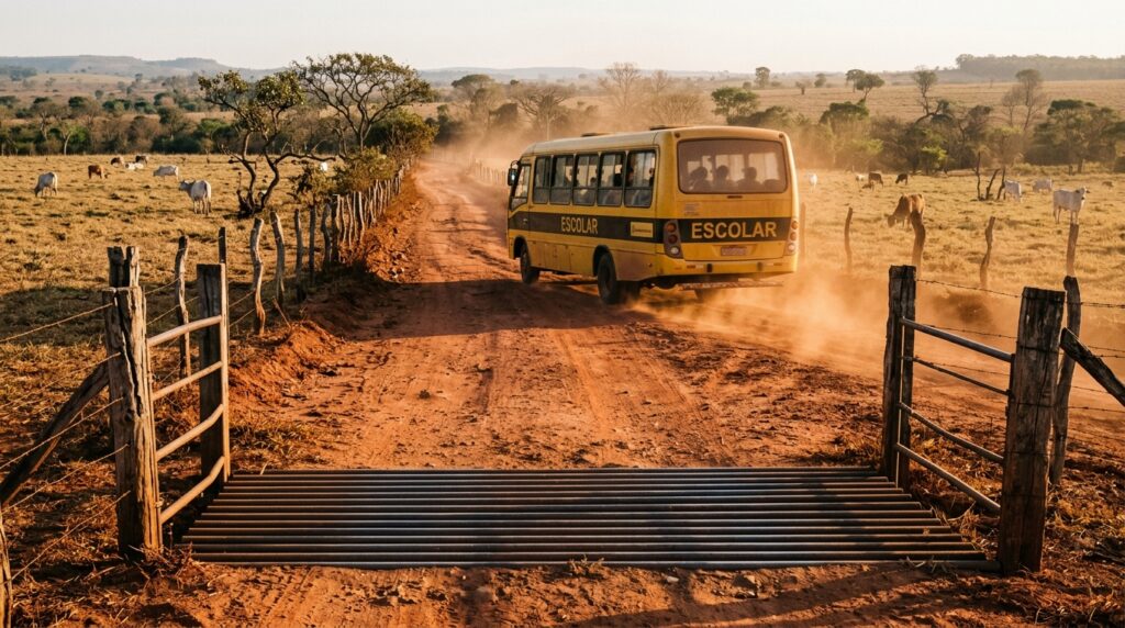 Ônibus escolar amarelo percorrendo estrada de terra na zona rural de Porangatu, em Goiás, ao amanhecer