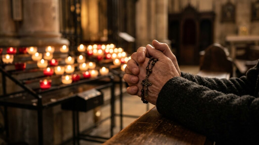 Mãos unidas em oração em igreja iluminada por velas, em referência ao pedido de orações pela saúde do Papa Leão XIV