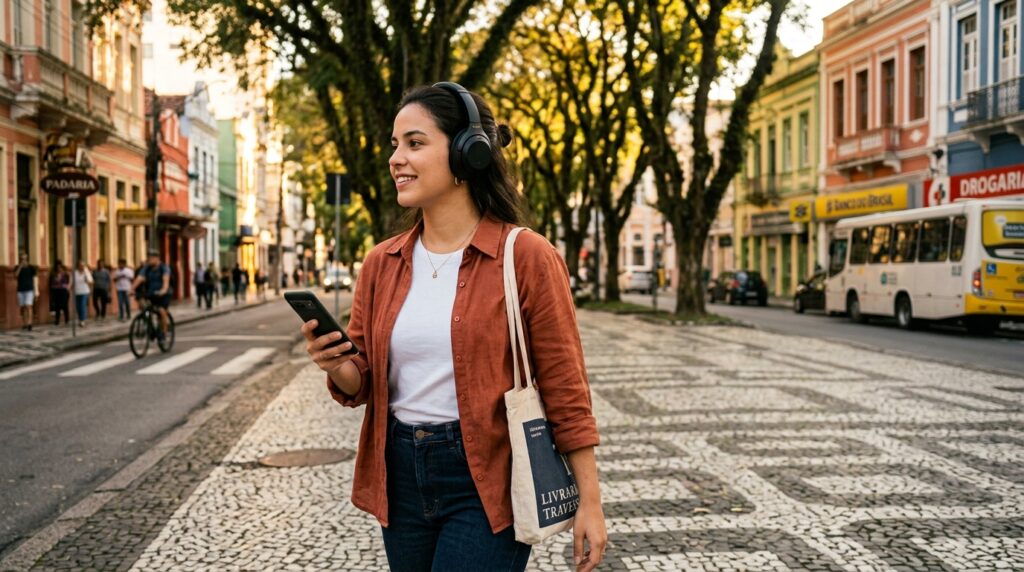 Pessoa caminhando com fones de ouvido e ouvindo um podcast motivacional sobre como começar sem esperar o impulso certo