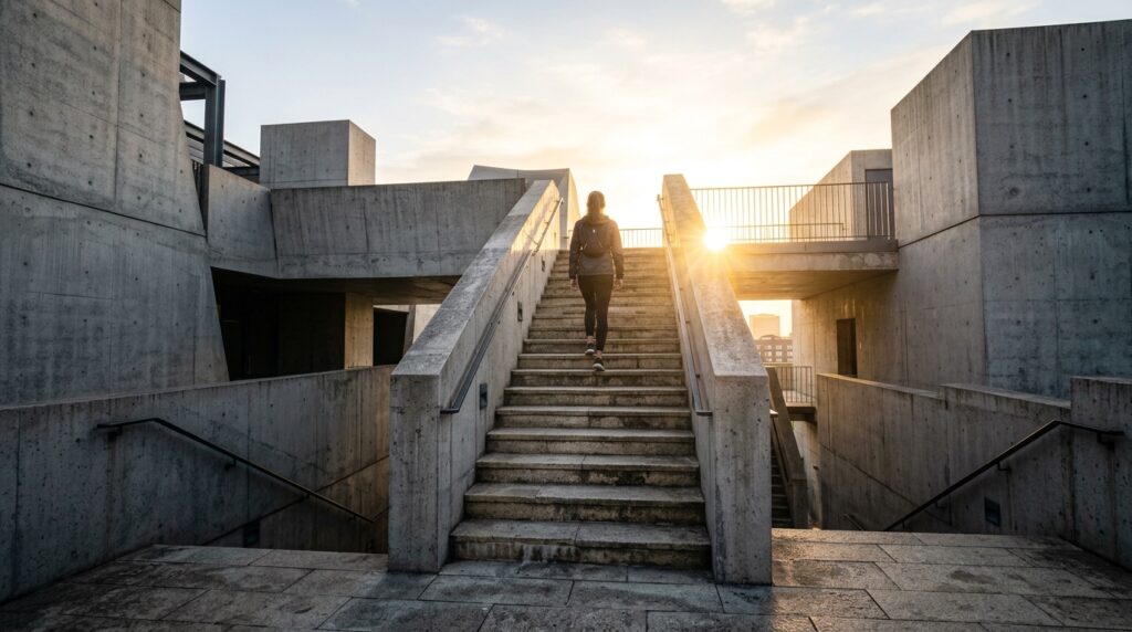 Pessoa subindo degraus em uma escadaria ao amanhecer simbolizando a constância e o progresso da disciplina diária