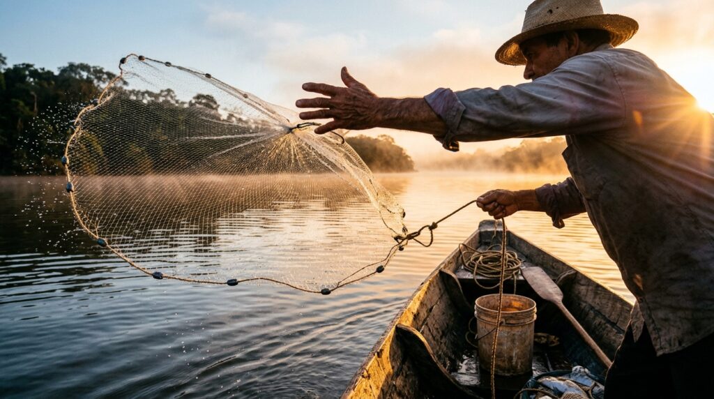 Pescador artesanal lançando rede em rio durante o período de pesca liberada no Maranhão