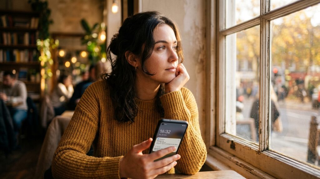 Pessoa segurando um smartphone e olhando pensativa pela janela, refletindo sobre o impacto do uso das redes sociais.