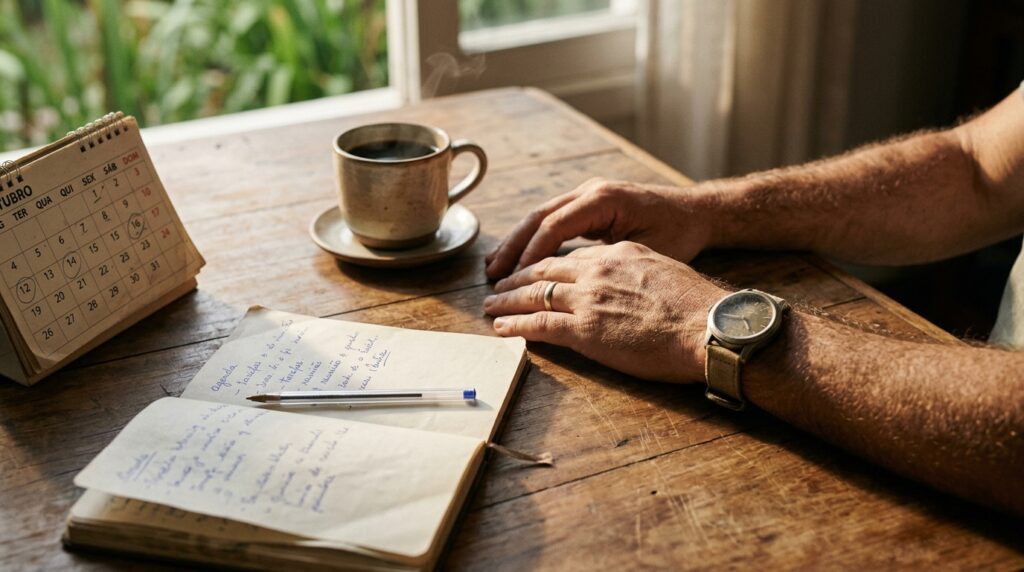 Mãos de trabalhador organizando rotina ao lado de calendário e xícara de café