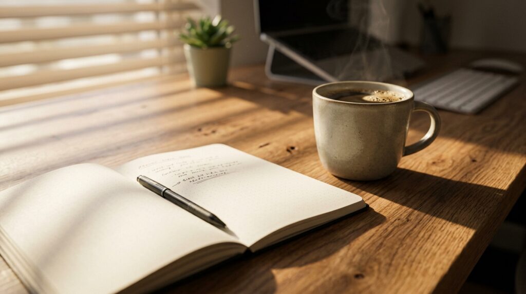 Caderno aberto sobre mesa de madeira ao lado de xícara de café para planejamento pessoal.
