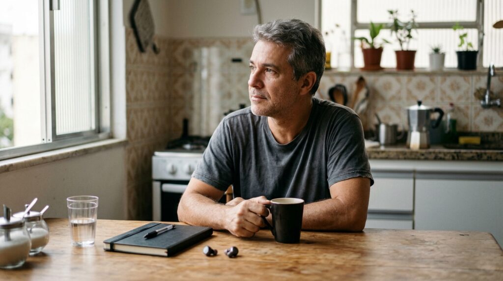 Homem tomando café sozinho na cozinha pela manhã, pensativo, com fones de ouvido sobre a mesa, representando a reflexão sobre agir em silêncio e guardar os planos