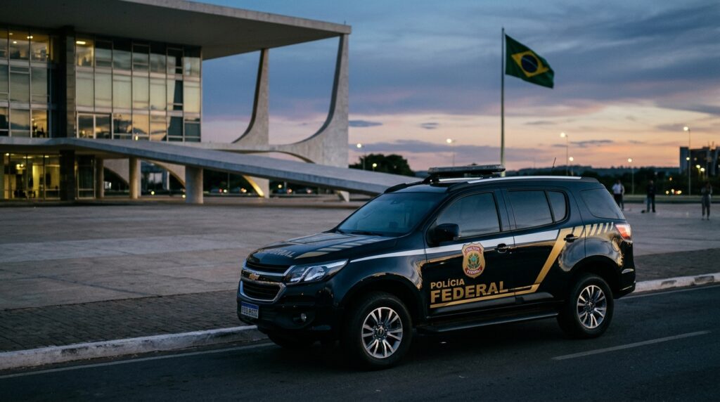 Viatura da Polícia Federal diante de prédio público em Brasília, onde decisão judicial cancelou passaportes do senador Flávio Bolsonaro