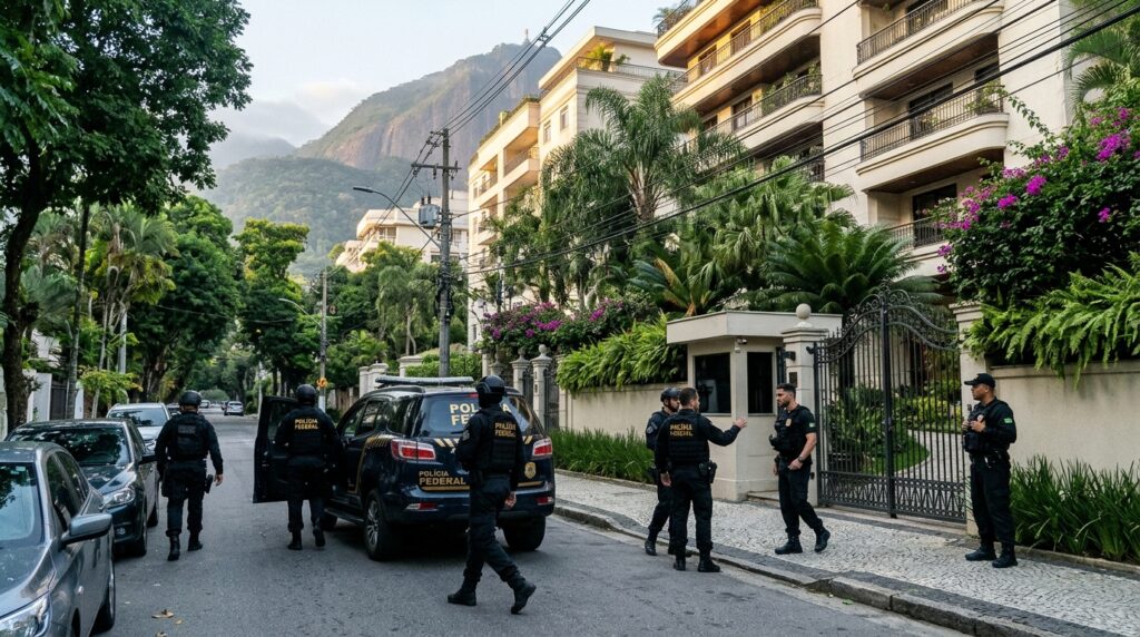 Agentes da Polícia Federal em operação no Rio de Janeiro cumprindo mandados judiciais.