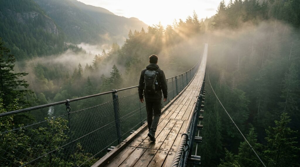 Viajante atravessando uma ponte estreita sobre um vale com neblina ao amanhecer, metáfora do amadurecimento e da travessia pessoal