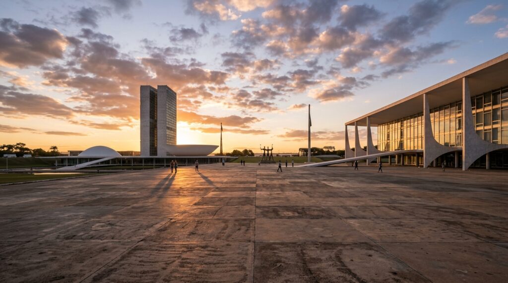 Vista da Praça dos Três Poderes, em Brasília, com o Congresso Nacional ao fundo, no fim da tarde, cenário do novo mandato presidencial após a eleição de 2026