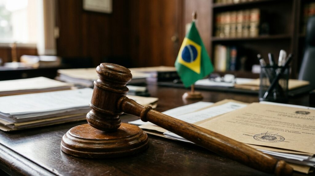 Martelo de juiz sobre documentos oficiais, simbolizando a interinidade do presidente do TJGO no governo de Goiás
