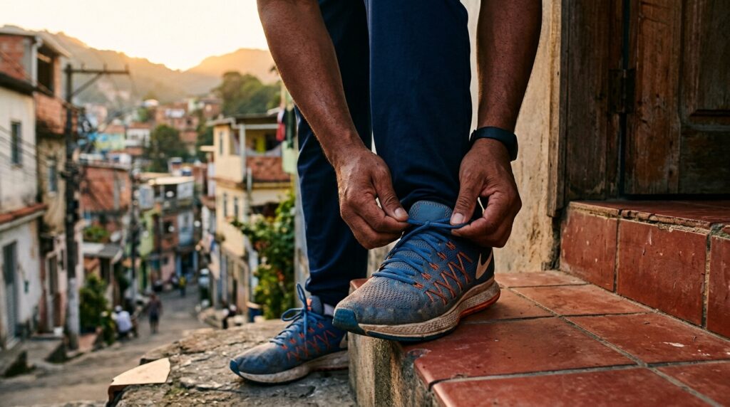 Mãos amarrando o tênis na porta de casa ao amanhecer, simbolizando o primeiro passo para começar sem esperar motivação
