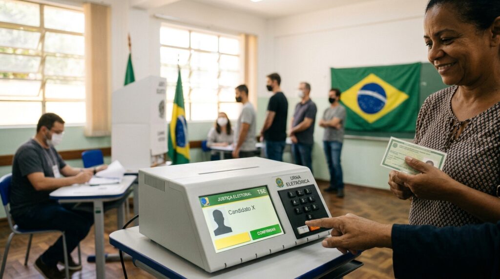 Eleitor diante da urna eletrônica brasileira durante o processo de votação em Goiás.