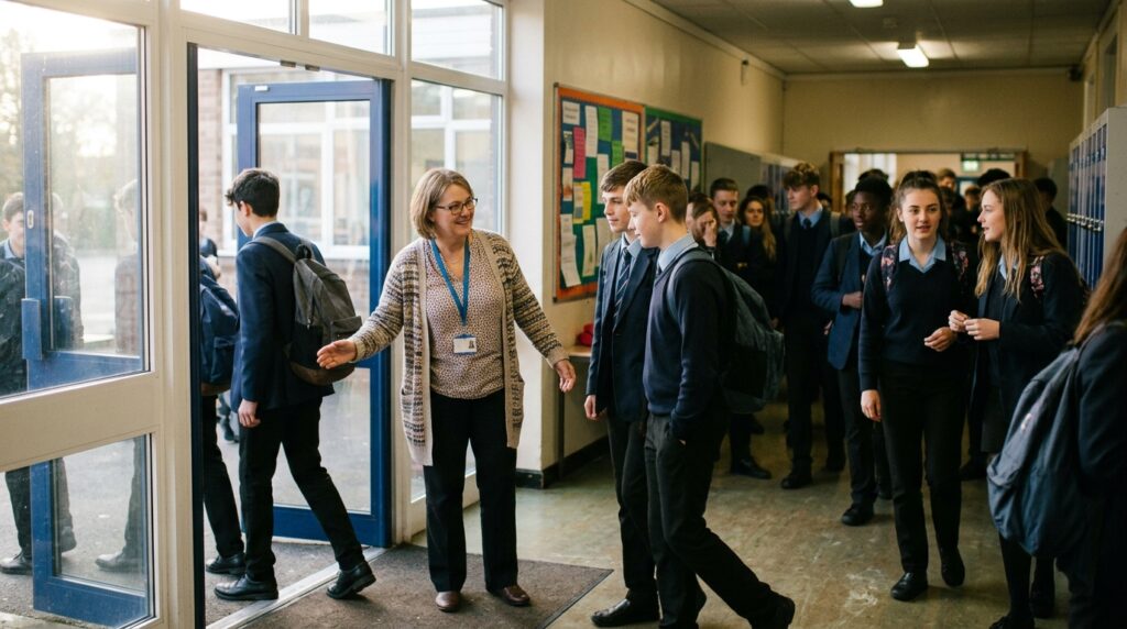 Professora recebe estudantes com um sorriso na entrada de uma escola, ilustrando o acolhimento defendido pelo Papa Leão XIV na pastoral escolar