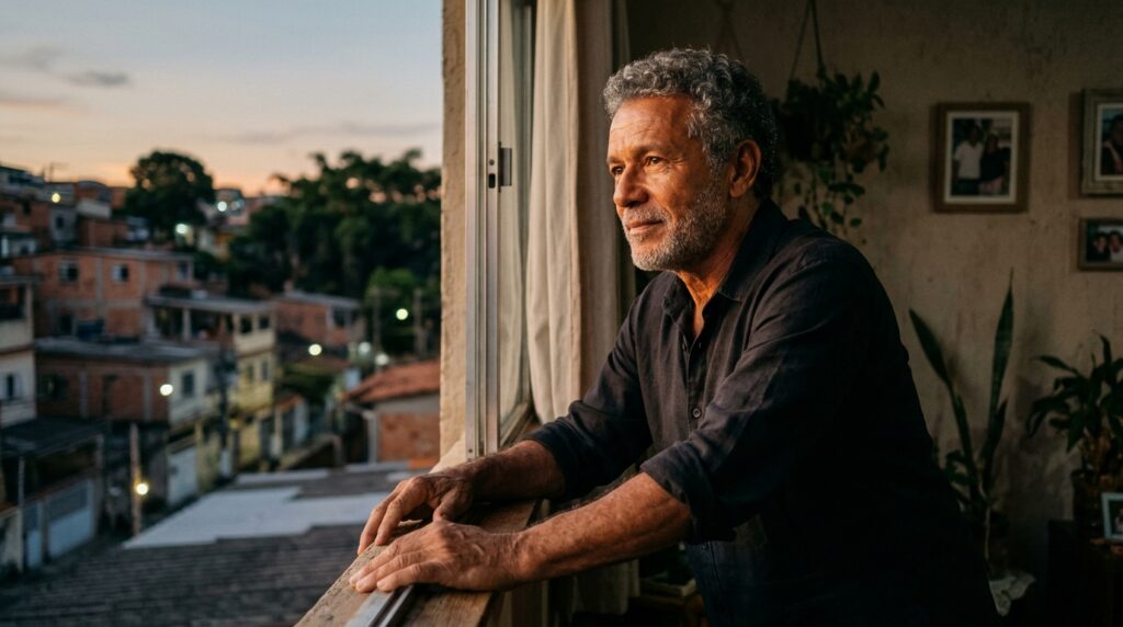 Homem observando o entardecer da janela de casa, em reflexão sobre propósito de vida, legado e uma trajetória construída em silêncio