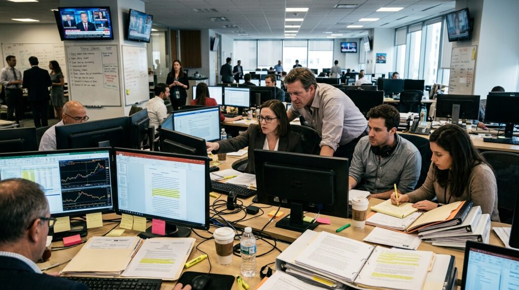 Redação jornalística com profissionais analisando relatórios financeiros e documentos legais em telas
