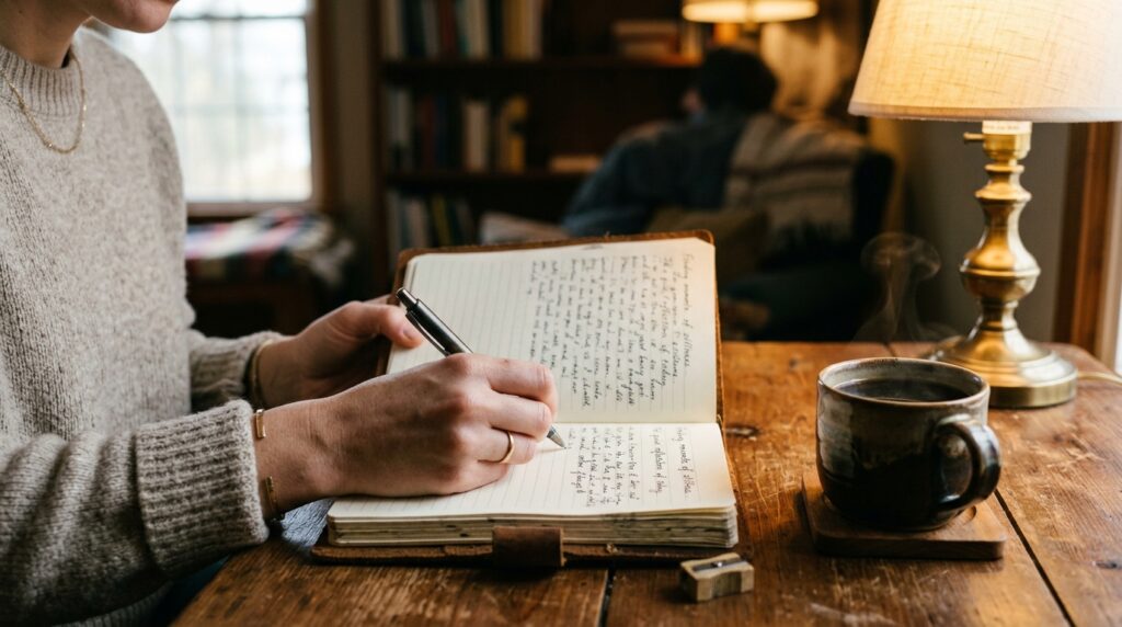 Mãos escrevendo em um caderno de anotações sobre uma mesa de madeira ao lado de uma xícara, representando o discernimento e a reflexão.