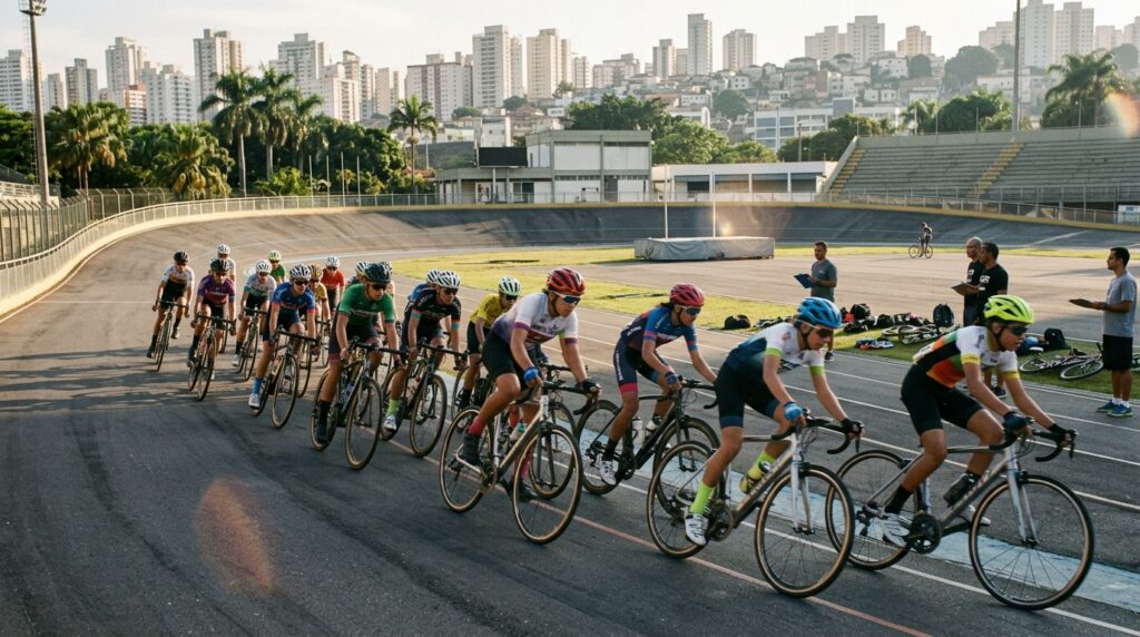 Jovens ciclistas participando de treinos na pista de asfaltamento do complexo esportivo em Ribeirão Preto