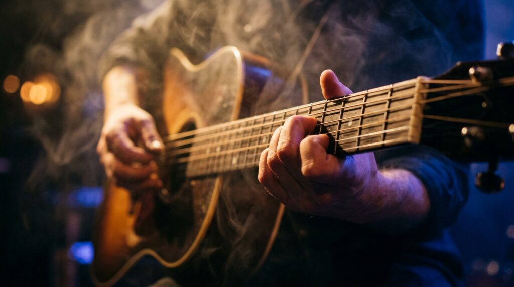 Mão de músico tocando violão acústico sob luzes de palco em iluminação intimista azul e dourada.