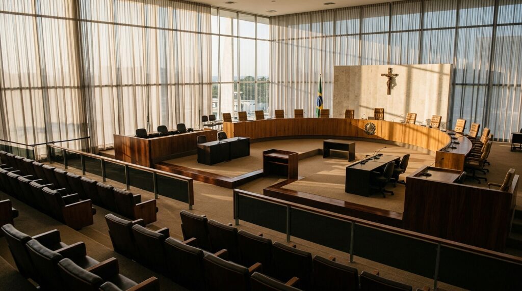 Plenário de tribunal superior vazio, simbolizando o debate judicial sobre a Lei das Saidinhas