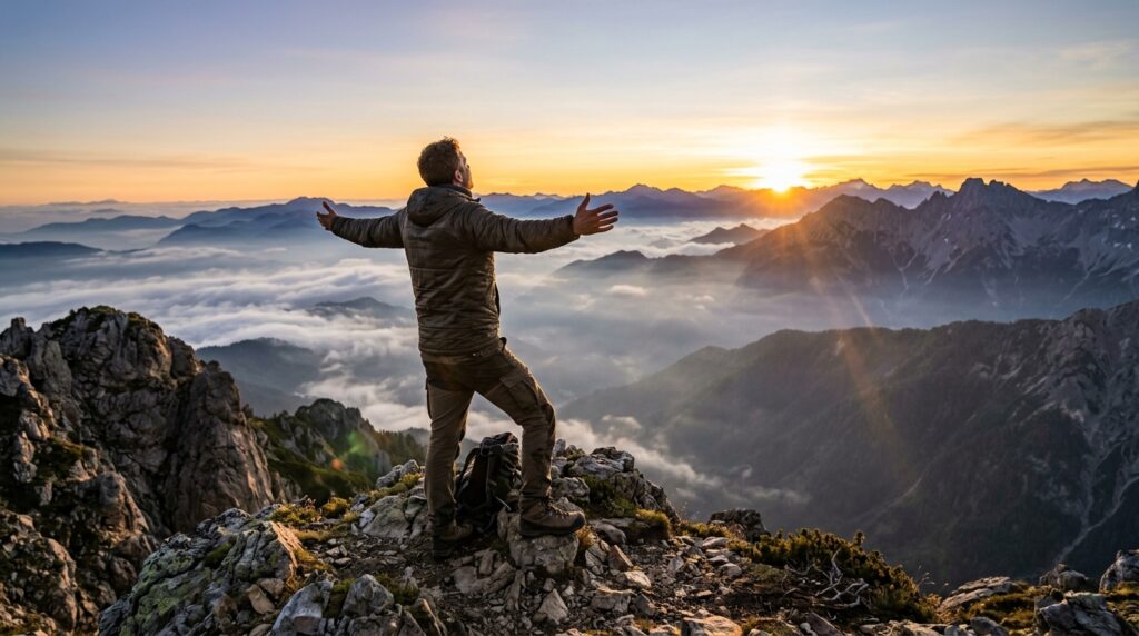 Pessoa no topo de uma montanha ao amanhecer simbolizando superação e renovação de forças.